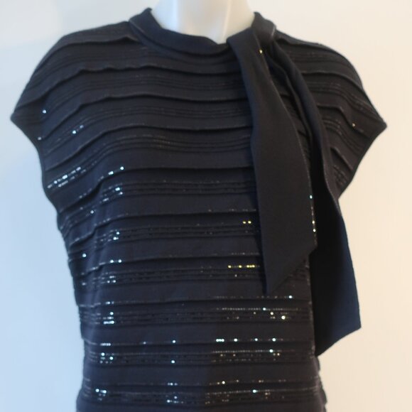 Womens St. John Evening Black Cap Sleeve Sequin Detail Pleated Knit Dress 10 - Picture 1 of 13